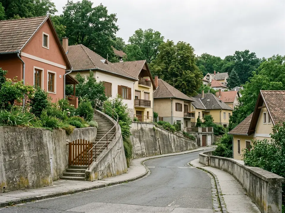 Lejtős utca családi házakkal, támfalakkal és lépcsős kertkapukkal