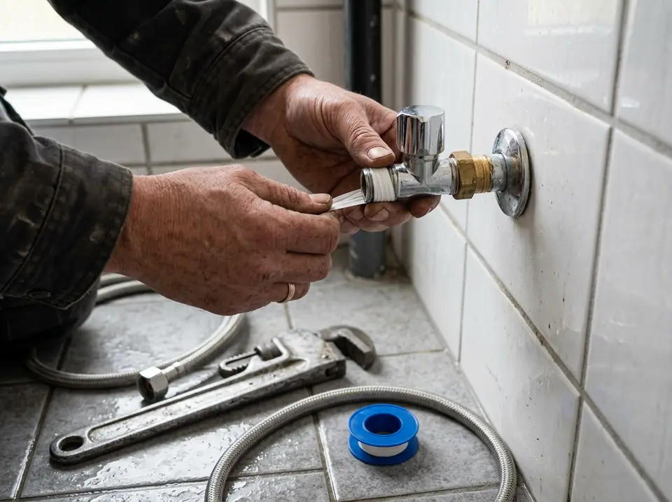 Szerelő keze teflonszalagot teker egy fali sarokszelep menetére a fürdőszobában